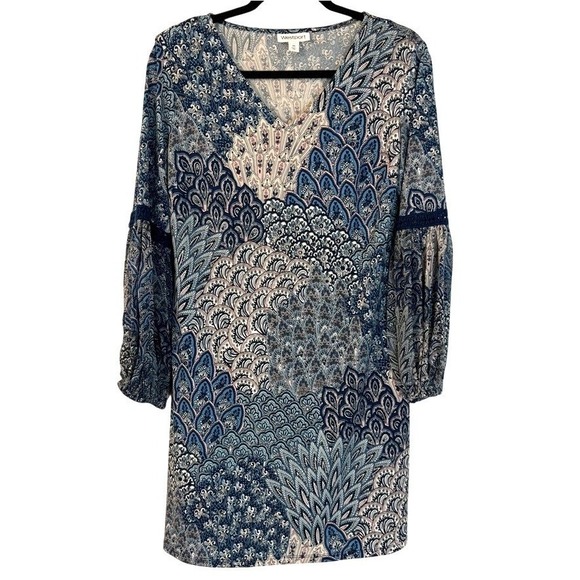 Westport Dresses & Skirts - Westport Blue Pink Paisley Boho V-Neck Balloon Sleeve Mini Dress XS Boho Peacock